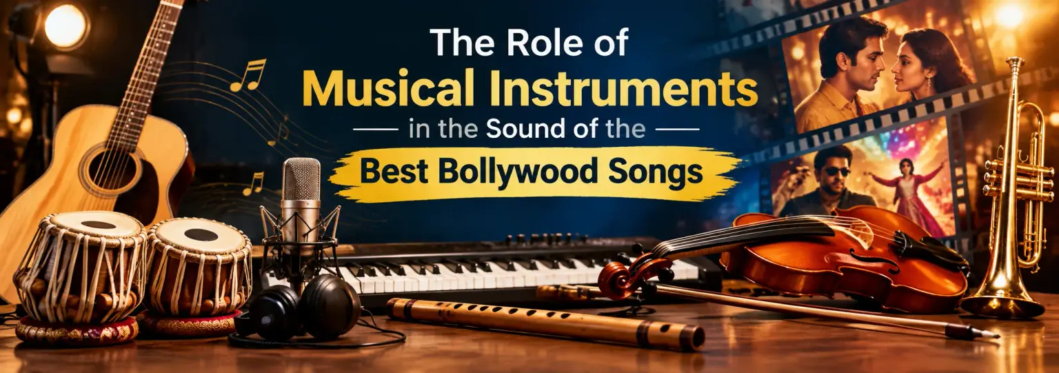 Musical instruments used in Bollywood songs, including guitar, tabla, piano, flute, and drums for music production