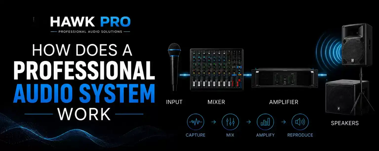 Professional audio system setup with mixer and speakers