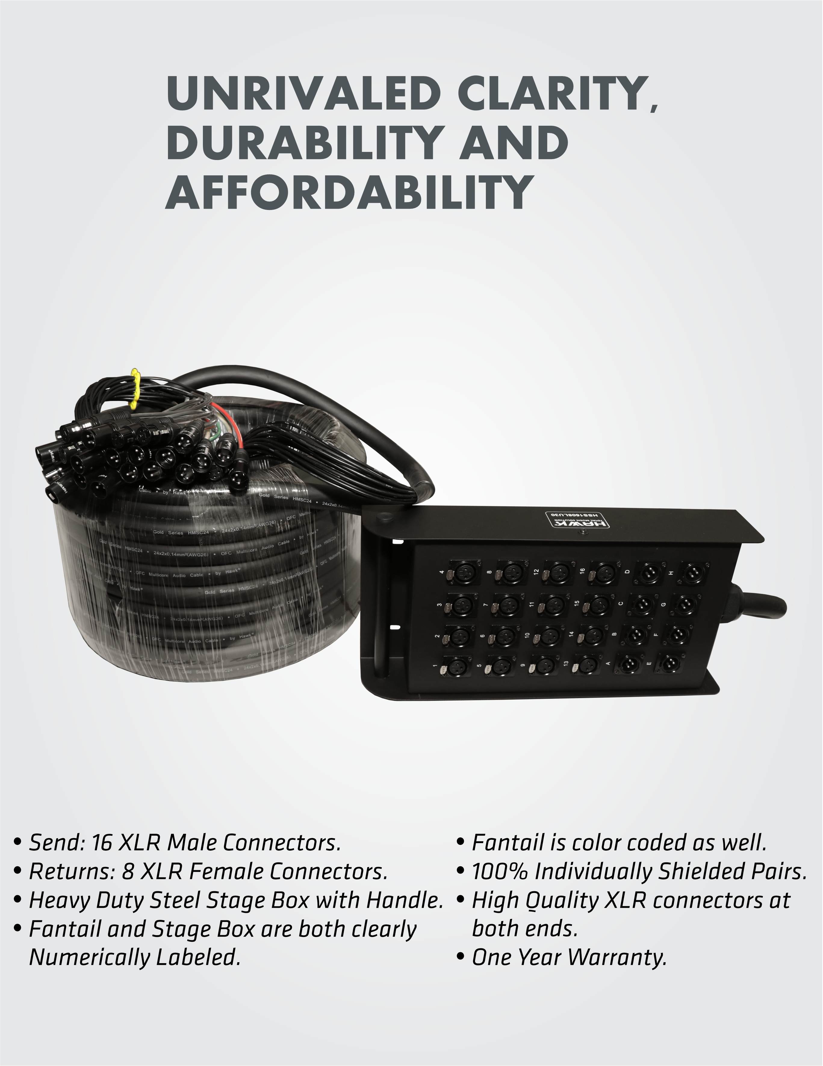 Hawk HSS1608LU30 24 channel snake cable with stage box 30 meters