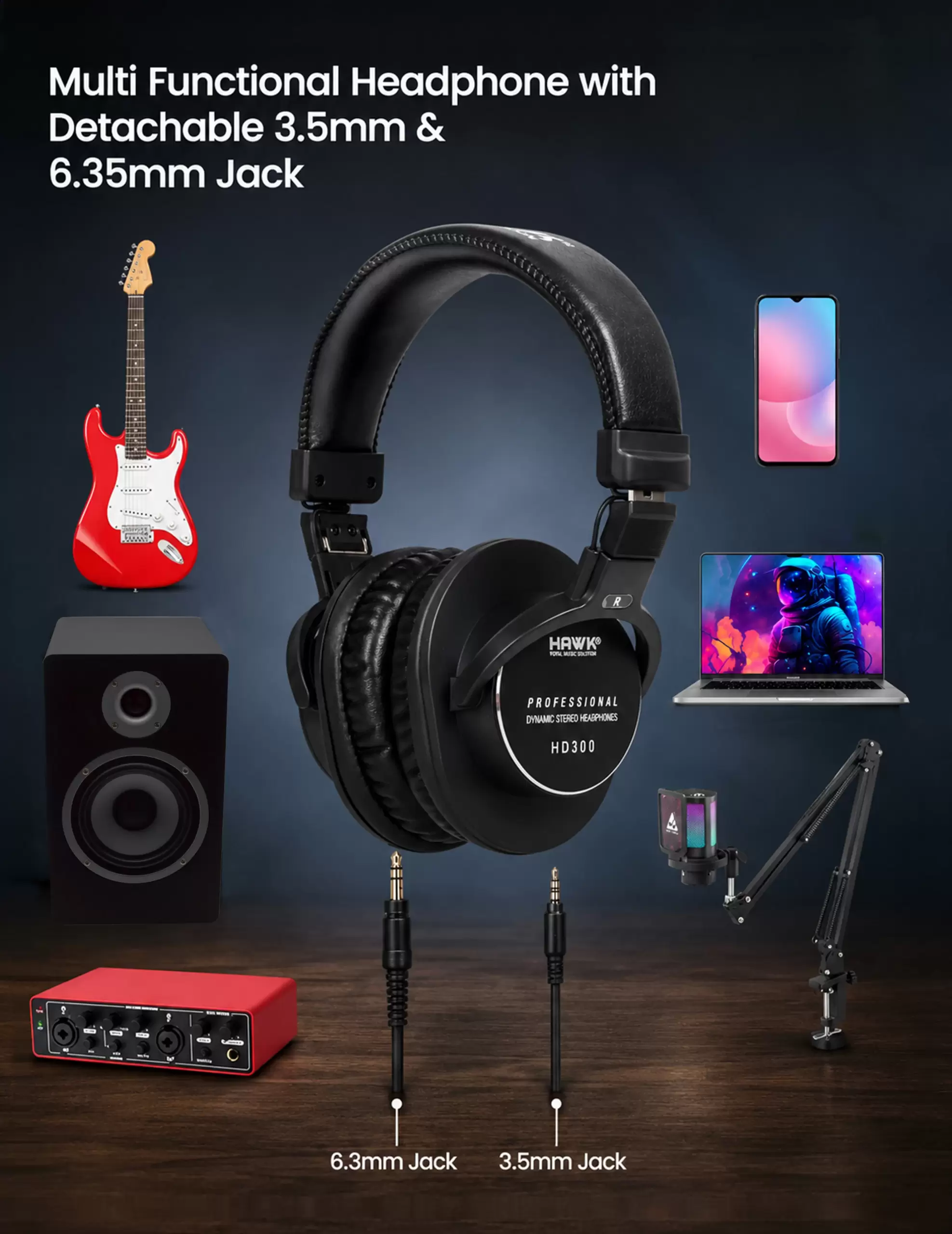 Hawk HD300 professional dynamic stereo headphones with 50 mm drivers and 3 metre cable