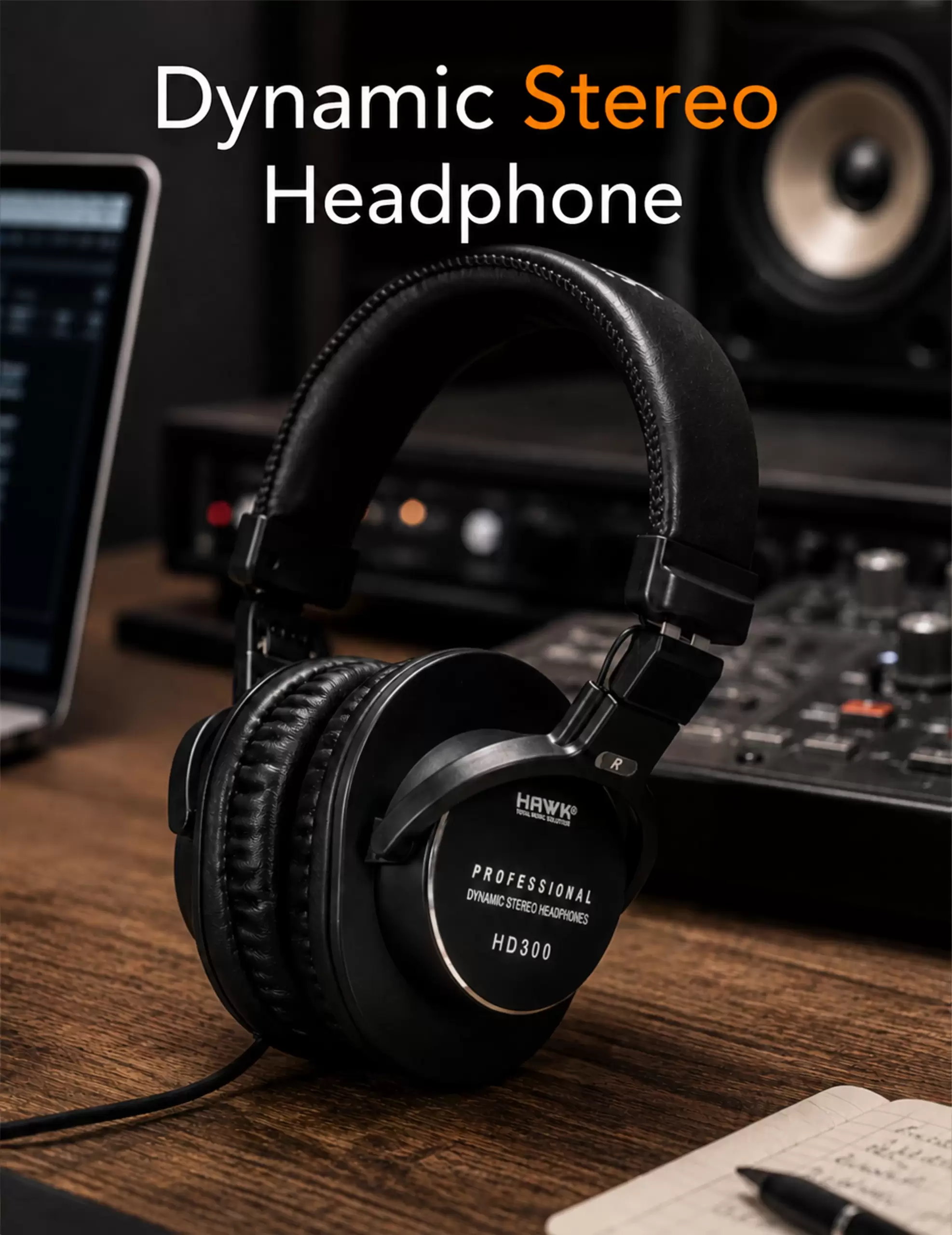 Hawk HD300 professional dynamic stereo headphones with 50 mm drivers and 3 metre cable