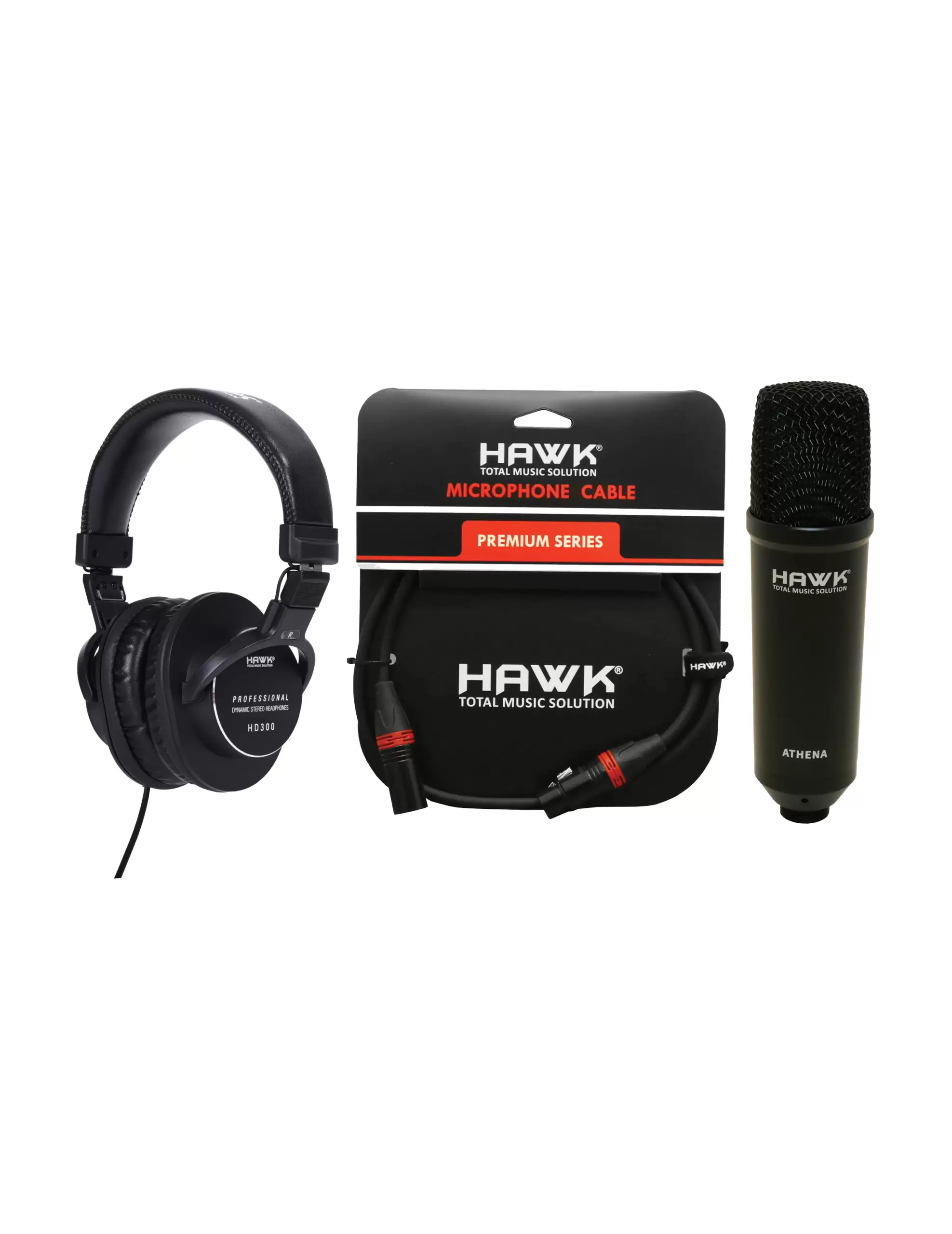 Hawk Ultimate Microphone Bundle with Athena studio condenser microphone, HD300 headphones, and HXFPLU03 microphone cable