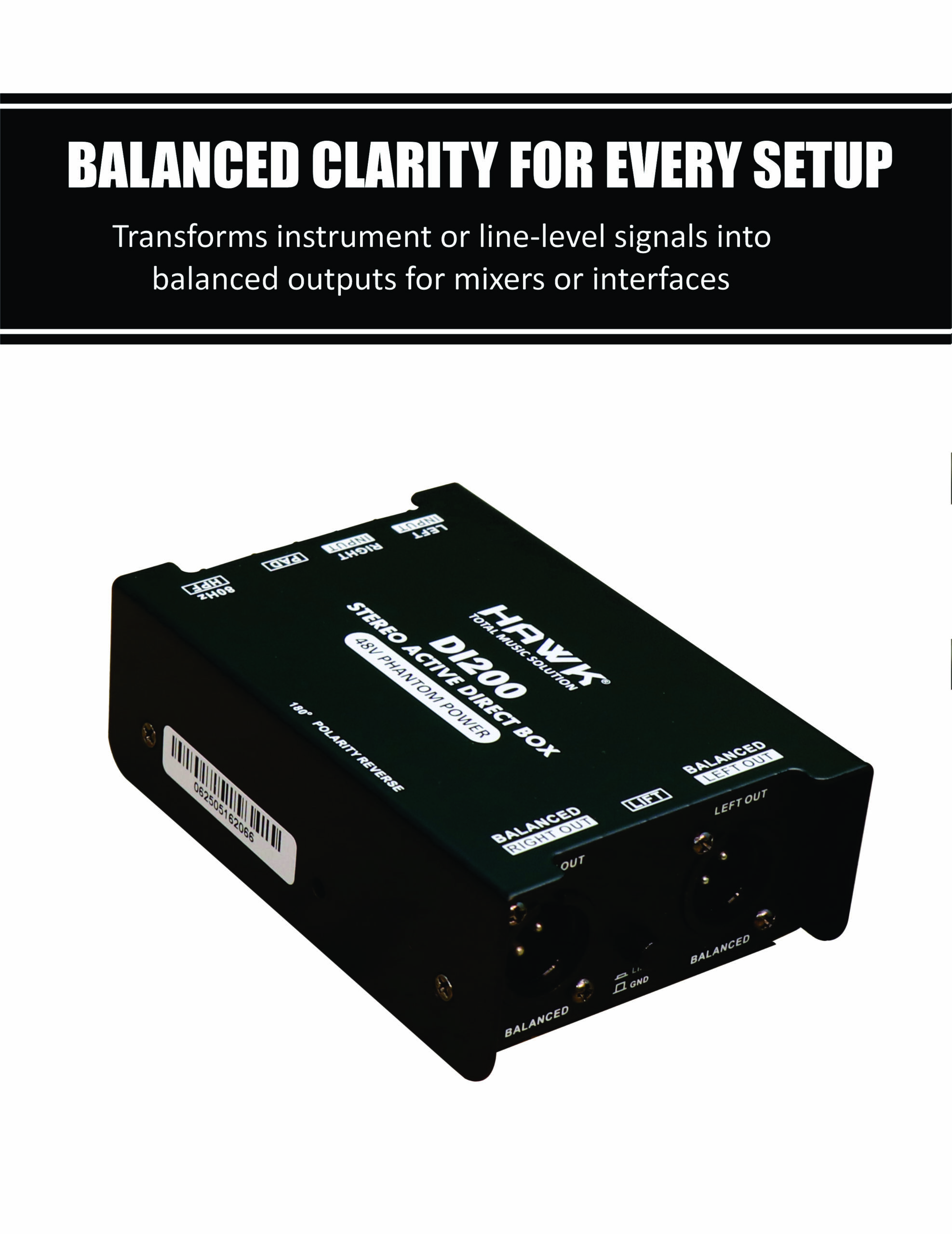 HAWK DI 200 Stereo Active Direct Box with Dual Inputs and Balanced XLR Outputs